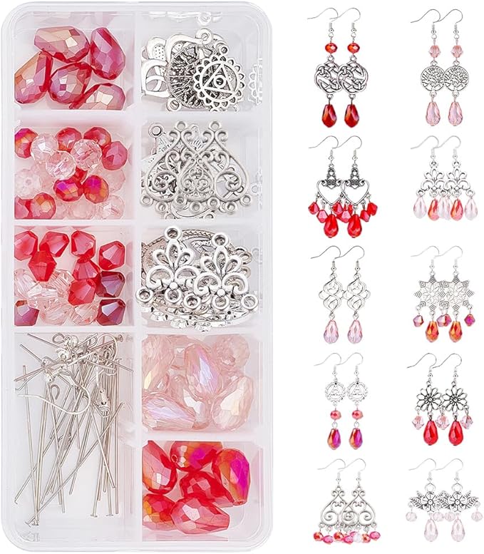 SUNNYCLUE 1 Box DIY 10 Pairs Red Beads Chandelier Dangle Earring Making Kit Flat Round Celtic Knot Flower Tree Snowflake Heart Component Links Teardrop Electroplate Glass Beads for Jewelry Beginners