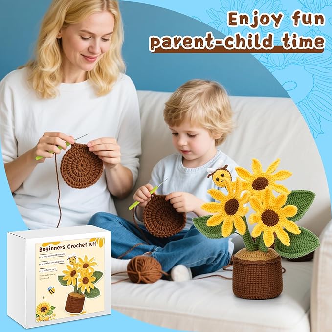 LUNARM Crochet Kit for Beginners, Sunflower Beginners Crochet Kit for Adults, Learn Starters Kit with Video Tutorial, Knitting Yarn, Hook DIY Craft Home Deco, Holiday Birthday Gift