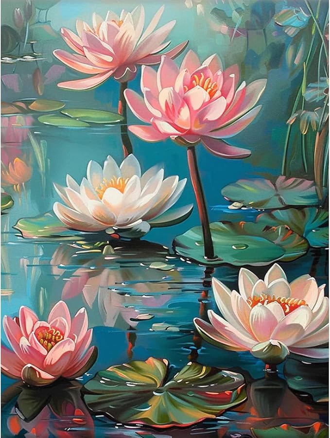 Camocin Diamond Art Kits for Adults Lotus, 5D Flowers Diamond Painting Kits for Adults Beginners, DIY Lotus Flowers Full Round Dots Drill Gem Art Kit for Gift Home Wall Decor 12 x 16 Inch