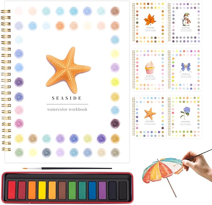 Metyond Beginner Watercolor Workbook Kit - Watercolor Painting Kit with 1 Workbook 12 Colors Paint Set with Brush, Beginner Friendly Watercolor Paint Set Gift for Adults Teens (Seaside)