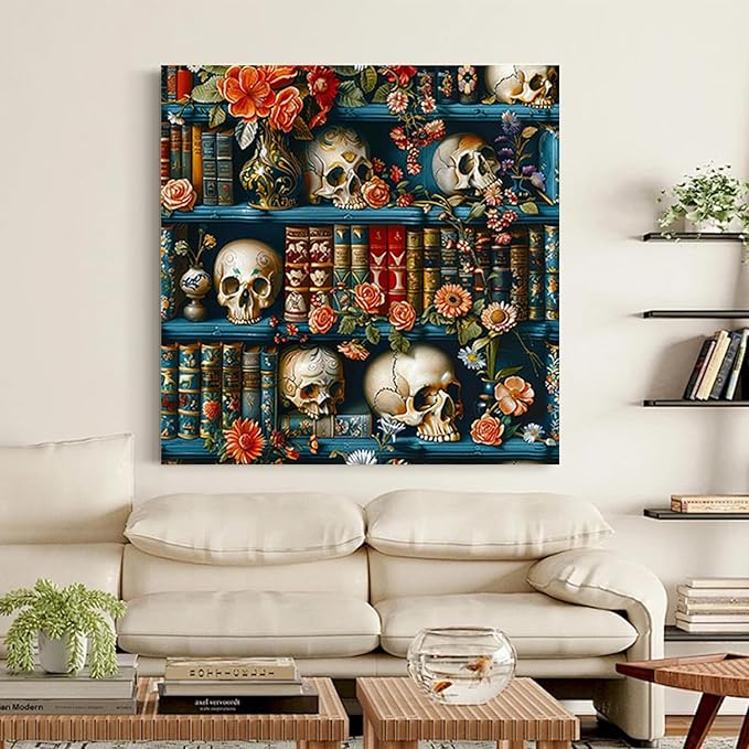 ARPADAMO Bookshelf Diamond Art Kits for Adults,5D Skull Diamond Painting DIY Diamond Art Diamond Painting Kits for Adult,Round Full Drill Diamonds, Diamond Art Kits for Home Decor-14x14inch
