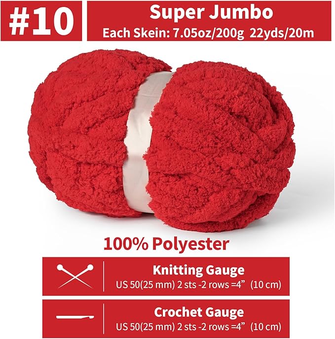 10 Pack Jumbo Chenille Yarn for Crocheting, #10 Super Bulky Baby Soft Yarn for Hand Knitting, 220 yds /70.5 oz Fluffy Chunky Knit Throw Blanket Yarn (Red)