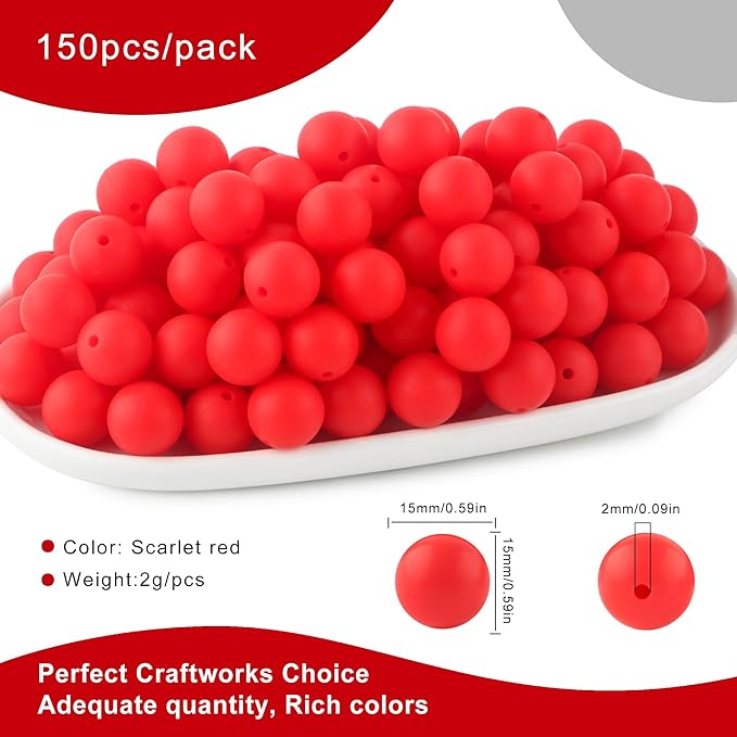 150Pcs 15mm Silicone Beads for Keychain Making Bracelet Necklace, Bulk Round Silicone Beads for Pens（Scarlet Red）