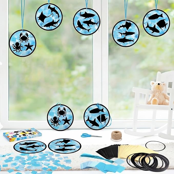 30 Pcs Ocean Fish Suncatchers Paper Craft Set Sea Ocean Shark DIY Stained Glass Effect Tissue Paper Kits Gift Bulk for Summer Activities Art Party Decor