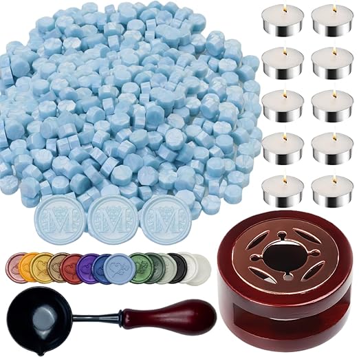 Wax Seal Warmer, ONWINPOR 400pcs Light Blue Sealing Wax Beads Kit with Warmer, Non-Slip Spoon, Candles for Envelopes, Stamp Letter Seal, Wedding Invitations (Light Blue)
