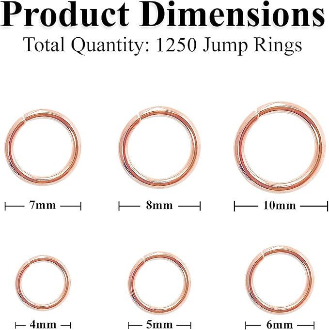Mandala Crafts Assorted Rose Gold Color Jump Rings Jewelry Findings Metal O Rings for Jewelry Making Supplies - 1250 4mm to 10mm Small Open Jump Rings Kit for Necklace Earring