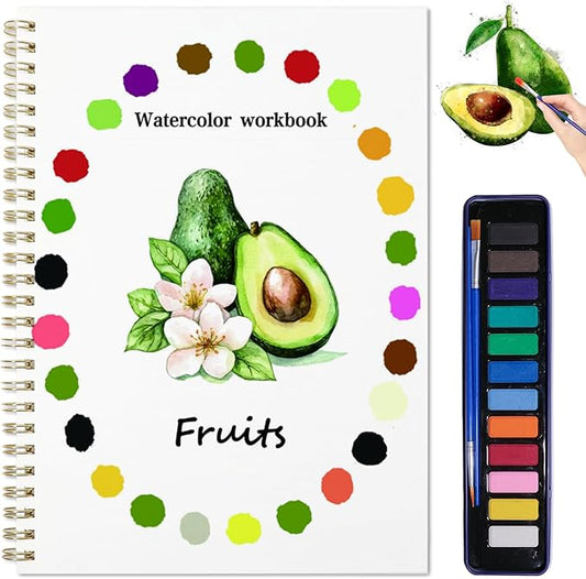 Watercolor Workbook, Water Coloring Book, 12 Different Patterns of Original DIY Designs, 12 Colors Watercolor Paint Set with Palette and Brush, Beginner-Friendly Watercolor Workbooks（Fruits）