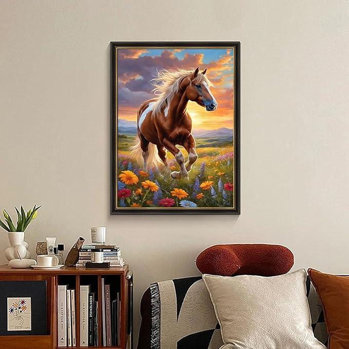 Fountor Horse Diamond Art Kits for Adults, Horse Diamond Painting Kits for Adults Beginners, DIY 5D Flower Diamond Painting with Round Gem Art Kits for Gift Home Wall Decor 12x16 Inch