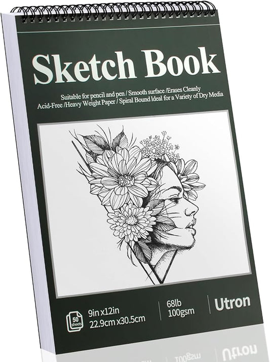 Utron 9"x12" Sketchbook Drawing, Top Spiral Sketching Pad, 100GSM/68LB Acid Free Art Sketching Pad, Drawing Paper, Beginner Artist (50 Sheets, White)