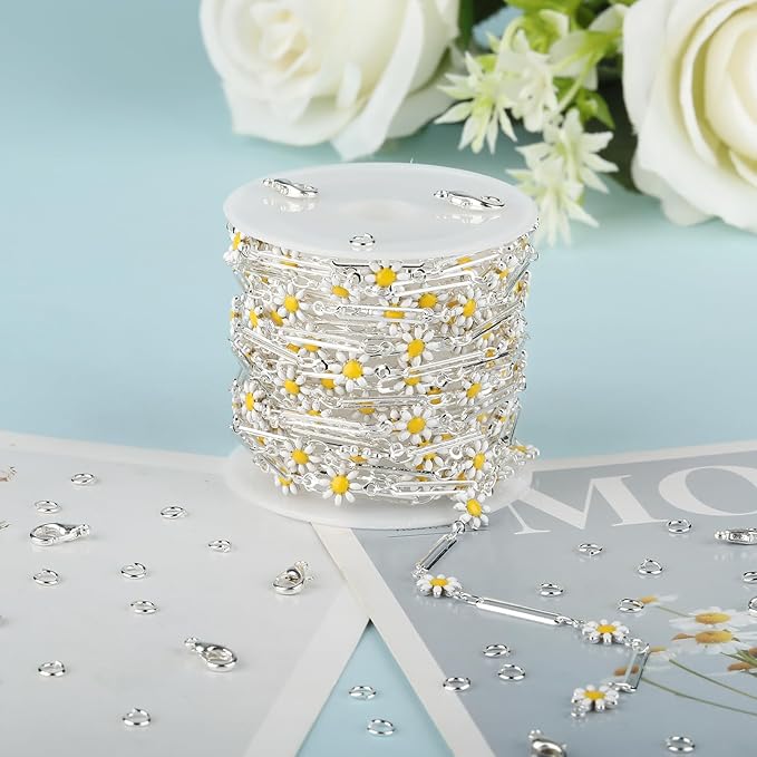 YOUBEIYEE 16.4 Feet Silver Plated Brass Chain for Jewelry Making Silver Paperclip Chain Enamel Daisy Flower Chains Bulk with Jump Rings Lobster Clasps