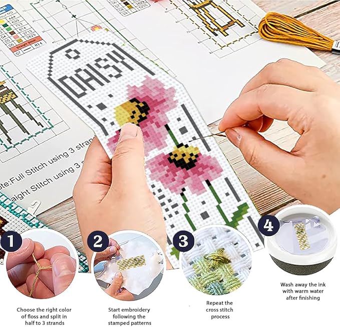 ACRNIGHEET 6PCS Cross Stitch Bookmark Kits for Beginner Flower Crossstitch Kits Adult Rose Daisy Lily Stamped Embroidery Bookmarks with Accessories for Adults Craft Gift 11CT