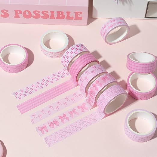 12pcs Pink Bow Washi Tape, Trendy Watercolor Pink Bow Cherry Preppy Aesthetic Decorative Tape, Cute Bowknot Heart Buffalo Plaid Artistic Tape for DIY Craft Scrapbook Wrapping Decor