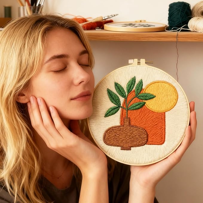 BEUNITONE Bohemian Embroidery Kit for Beginners, 6-Piece Stamped Needlepoint Craft Kits with Landscape, Sun, Moon, Leaves, Vase Designs, Complete DIY Handmade Embroidery Set for Relaxing Creative Fun