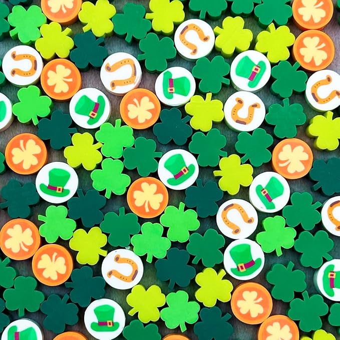 100Pcs St. Patrick's Day Shamrocks Handmade Polymer Clay Beads, Luck Clover Prints Polymer Clay Spacer Beads for Women Jewelry Making DIY Charms Bracelet Necklace Hair Clip Accessories Handmade Craft
