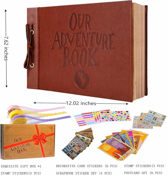 Adventure Book Handcrafted 11.92 x 7.62" Leather-Bound Scrapbook with 80 Pages, Embossed Lettering, Inspired by 'Up', Ideal for Photos, Weddings&Travel Memories Gift Box Included (Leather Scrapbook)