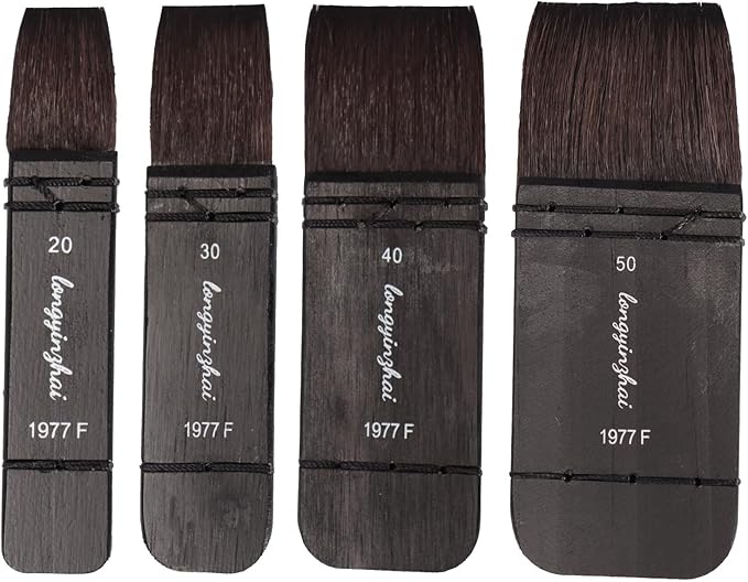 Hake Brushes Set of 4 (20,30,40,50) - Squirrel Blend Watercolor Brushes - Stained Birch Short Handle - Ideal for Washes (Ferrous, Small Size (Clothes Etc))