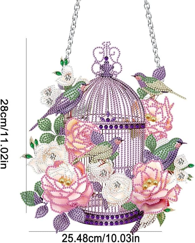 Flower Birdcage Design DIY Diamond Art Painting Wreath Kits Special Shaped Rhinestone Diamond Art Window Pendants Home Garden Wall Hanging Kits (Single Side Point Drill) (#11-Cat) (#06-Bird)