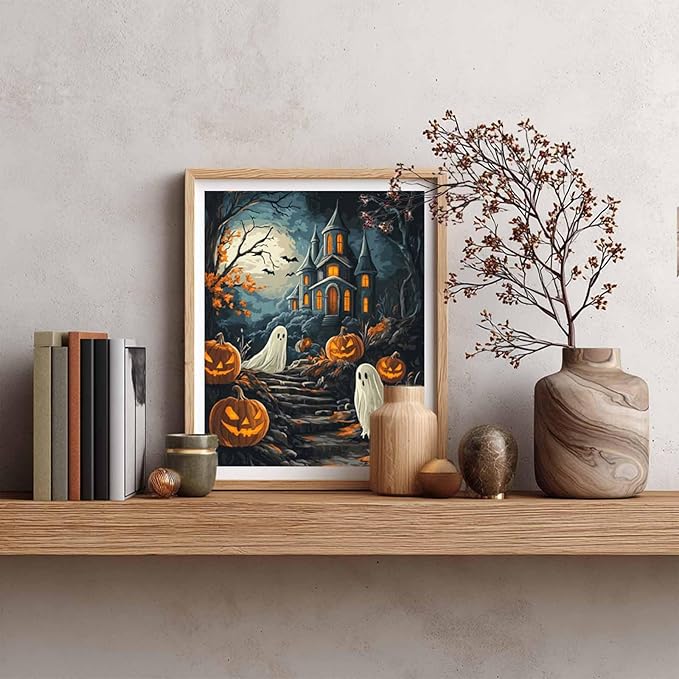 Cawpom Halloween Painting Kit for Adults, Ghost Paint by Number, Paint by Numbers Castle, Ghosts Pumpkin Acrylic Oil Painting for Beginner Gift, Horror Home Decor(16x20inch, No Frame)