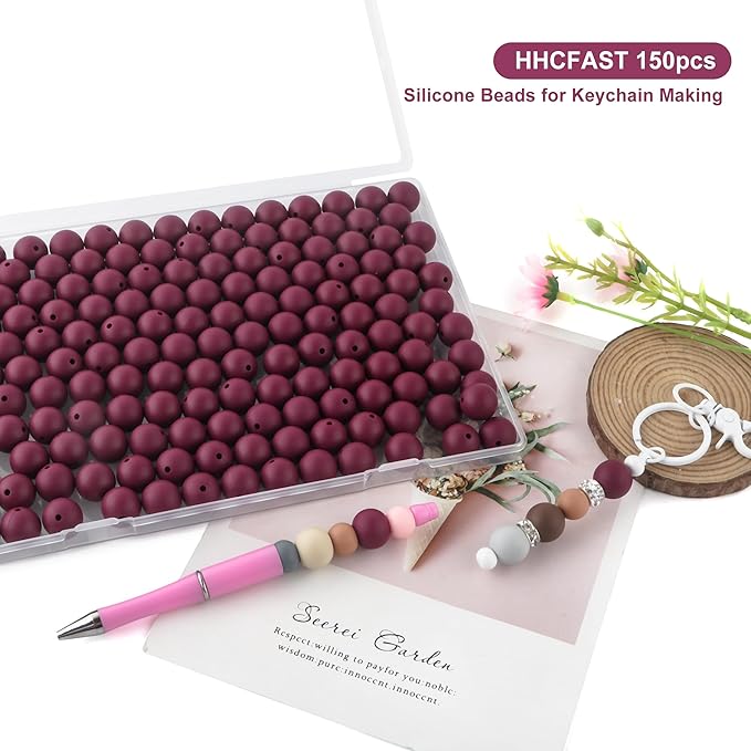 150Pcs 15mm Silicone Beads for Keychain Making Bracelet Necklace, Bulk Round Silicone Beads for Pens（Wine Red）