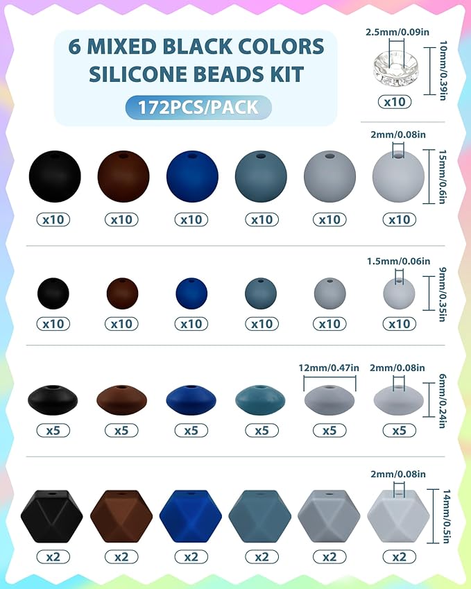 172PCS FIVEIZERO Silicone Beads for Keychain Making, 6 Mixed Colors Silicone Focal Beads Kit, 9mm & 15mm Round Lentil Hexagon Bead & Rhinestone Spacer Bead for Jewelry Making & Bracelets (Black)