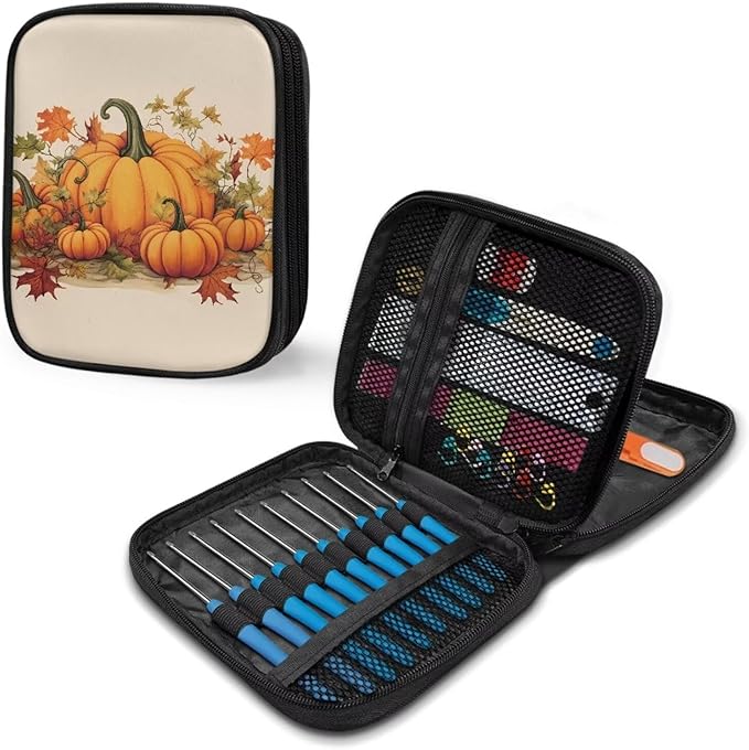 Hechitok Pumpkin Maple Leaf Crochet Hooks Case Zipper Bags Portable Crochet Storage Bag with Web Pocket and Crochet Holder Slots for Carrying Crochets Needles