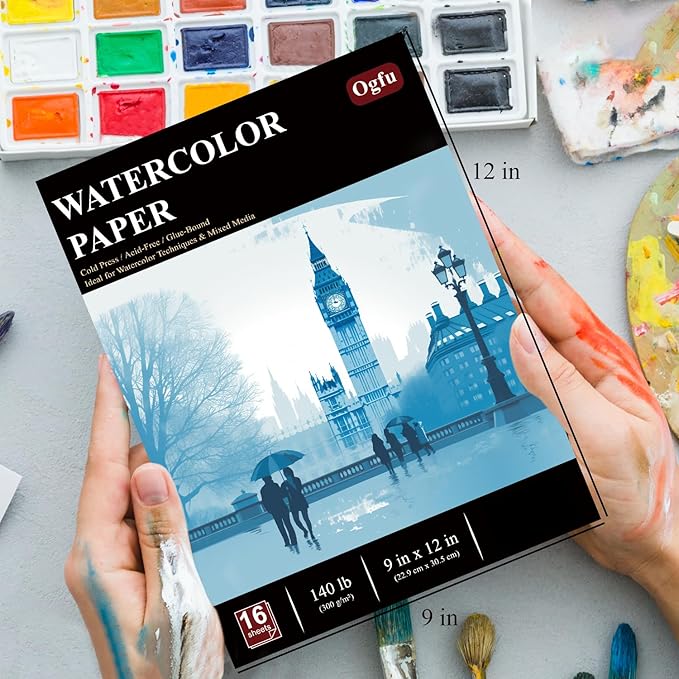 Ogfu Water Color Paper Pad 9 x 12, Cold-Pressed Watercolor Paper 300gsm/140lb Watercolor Pad for Painting for Beginners, Artists, Adults and Students, Watercolor Supplies for Adults, White.