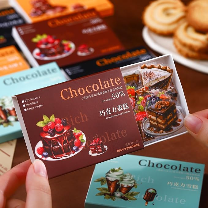 TIAMECH Rich Chocolate PET Stickers - 200 Pcs Sweet Biscuit Cake Ice Cream & Gift Box Design, Waterproof Sticker for Journaling & Scrapbooking, Junk Journal Supplies, Ephemera & DIY Crafts