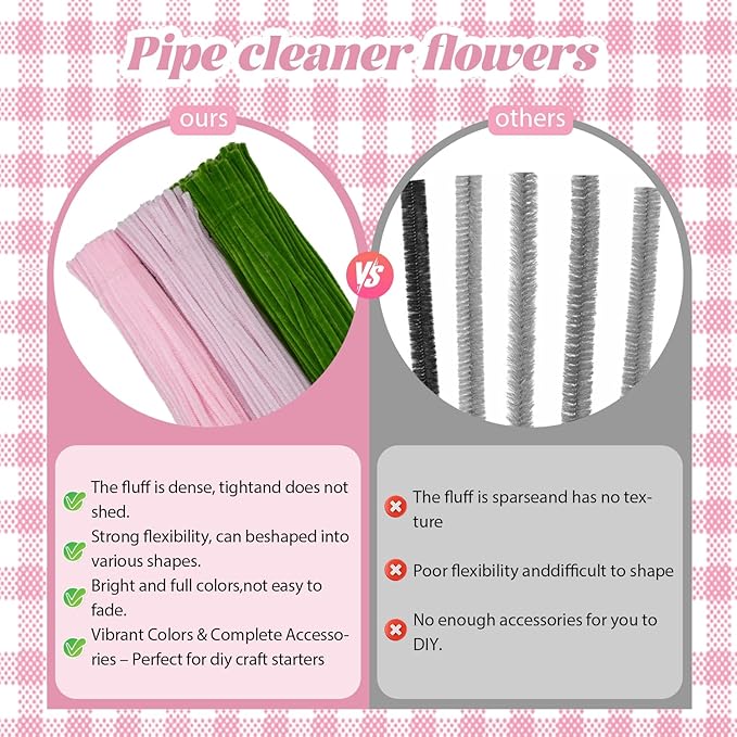 300 Pcs Pink and Green Thick Pipe Cleaners Craft Supplies for Floral Bonquet DIY Flower Making Kit for Starter with Floral Wires, Gardening Tape,Stamen Gift Wrapping Party Decor
