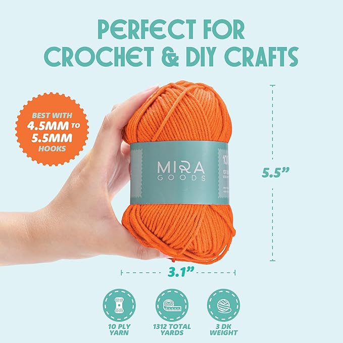 mira handcrafts crochet kit for beginners - essentials set with 12 acrylic yarn skeins and other knitting accessories, including ruler, hooks, needles, stitch holders, row counters, measuring tape