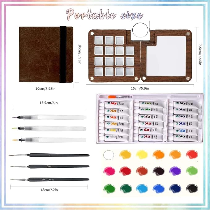 Mini Watercolor Paint Palette Set - Travel Watercolor Set, Pocket Artist Water Color Travel Set with 18 Colours, Paintbrushes, Watercolor Pens, Wooden Palette Box for Painters Artists Students