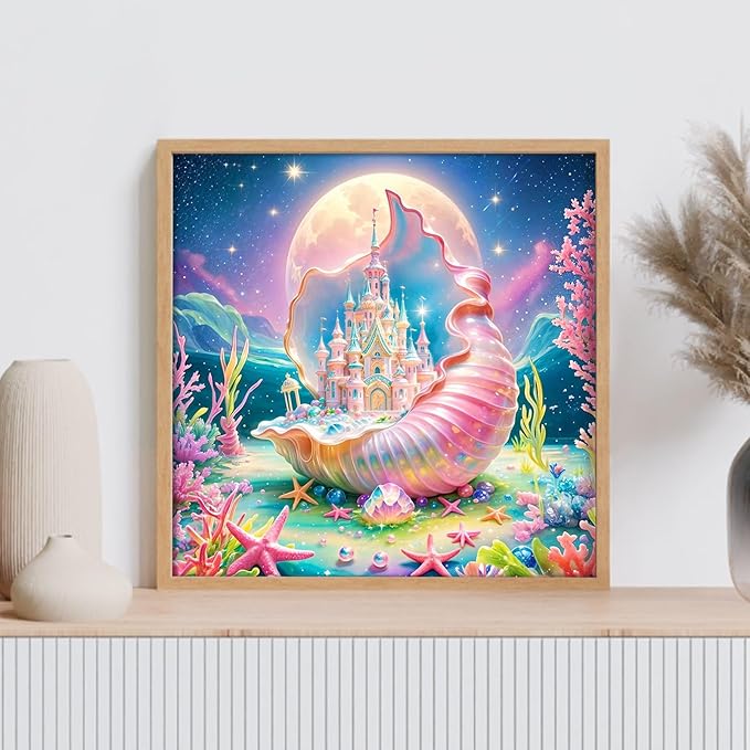 GEEHEIY Castle Diamond Art Kits for Adults, 5D Sea Shells Diamond Painting Kits for Beginner, DIY Full Drill Round Gem Art for Home Wall Decor 14 x14 Inch