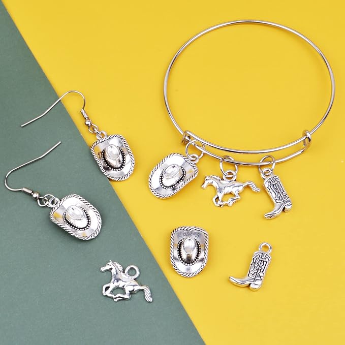 60pcs Silver Western Cowboy Charms Pendants Alloy Horse Cowboy Boot Hat Dangle Charms for DIY Earrings Bracelet Necklace Jewelry Making