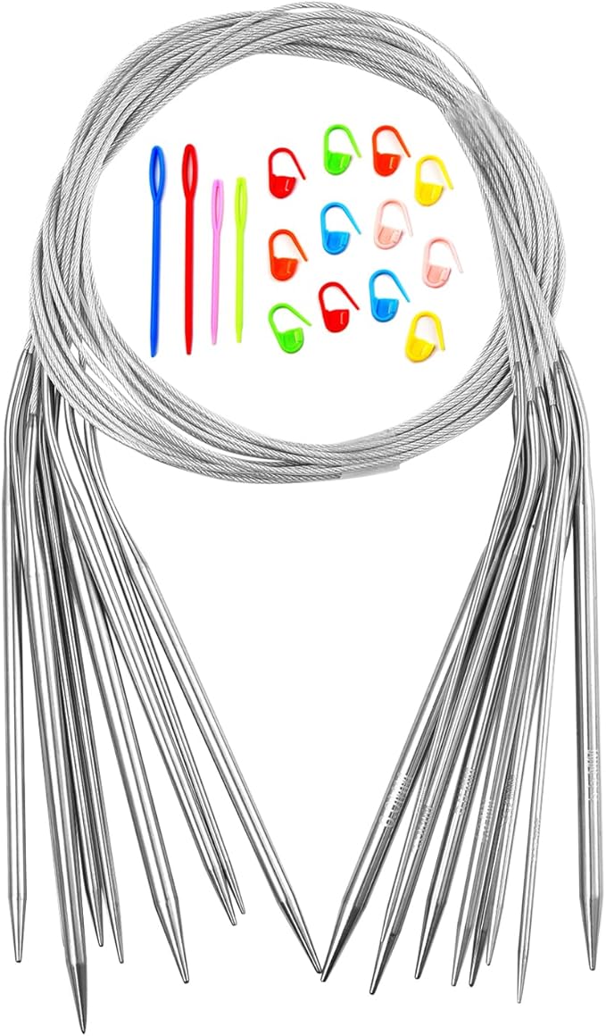 Circular Knitting Needles Set,9 Pack Round Long Smooth Stainless Steel Knitting Needles Kit (32 Inch/80cm),9 Sizes from 2mm-6mm,with Small Tools for Beginners,Making Sweater,Scarf,Blanket