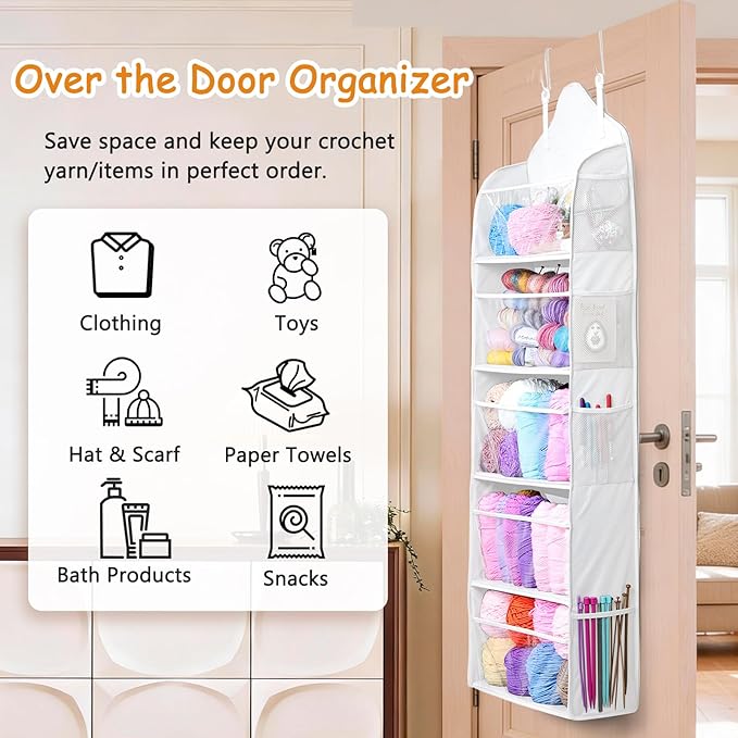 MYBAGZING Hanging Yarn Storage Organizer with Zipper Pockets, 5 Tiers Over the Door & Closet Yarn Holder, Large Crochet & Knitting Organizer with Side Pockets for Hooks, Needles & Accessories