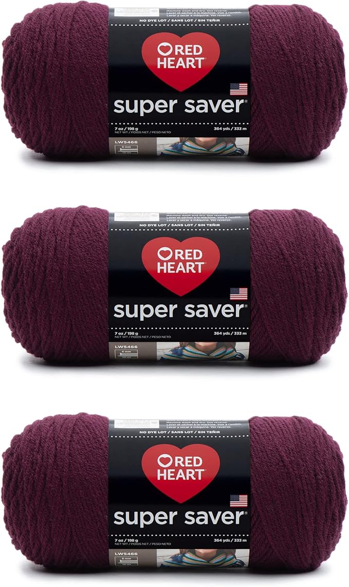 Red Heart Super Saver Claret Yarn - 3 Pack of 198g/7oz - Acrylic - 4 Medium (Worsted) - 364 Yards - Knitting/Crochet