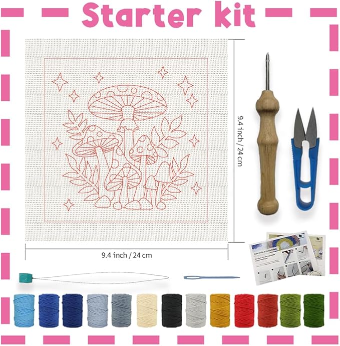 INFUNLY 2PCS Mushroom Punch Needle Kit for Beginners Art Night Mushroom DIY Punch Needle Embroidery Starter Kit Handcraft Needlepoint Set with Plant Pattern Instruction for Festival Gift Home Decor