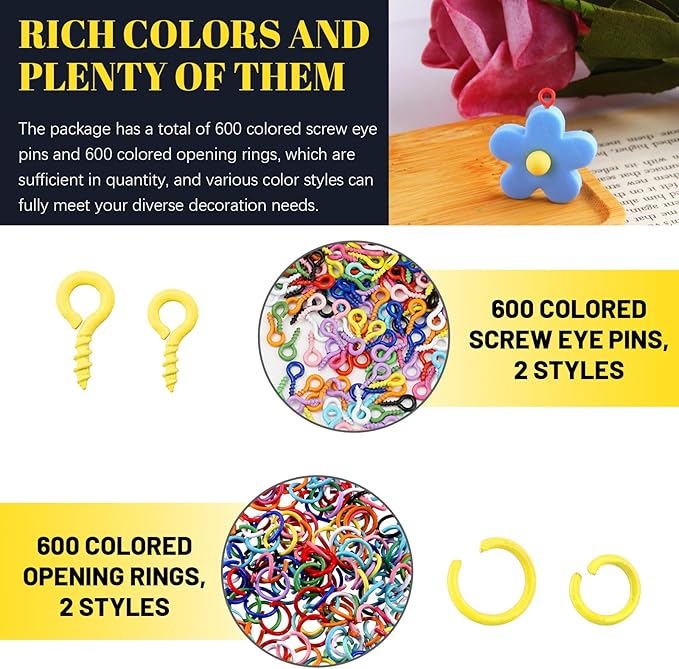 1200Pcs 2 Sizes Colorful Mini Screw Eye Pins and Open Jump Rings Kit Eye Pins Hooks Eyelet Threads Eye Screws Clasps Colored Jump Rings for Bracelet Jewelry Making (10x5mm, 8x4mm)