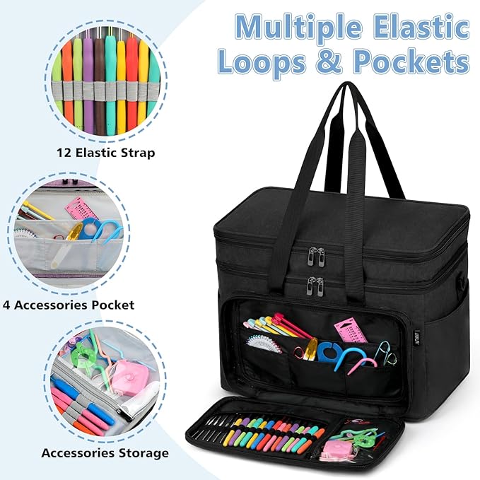 IBFUN 3PCS Crochet Bag with Wrist Yarn Holder, Large Yarn Storage Tote Waterproof Knitting Bag Organizer with Adjustable Strap for Hooks, Needles (Up to 14"), Accessories, Crochet Lovers, Tangle-Free
