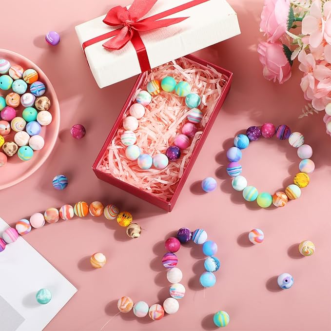 Ferreve 120 Pcs 15mm Silicone Beads Bulk Flower Silicone Beads Floral Print Rubber DIY Bracelet Making Kit for Keychain Making Pens Necklace Jewelry(Stylish)