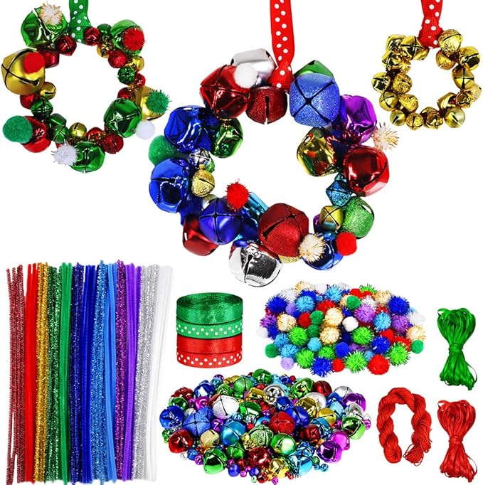 Winlyn 475 Set Christmas Jingle Bell Wreath Christmas Tree Ornaments Craft Kit Jingle Bell Metallic Chenille Stems Glitter Pom-Poms Ribbon Assortment for Kids Holiday Xmas Bracelets Necklaces Artwork
