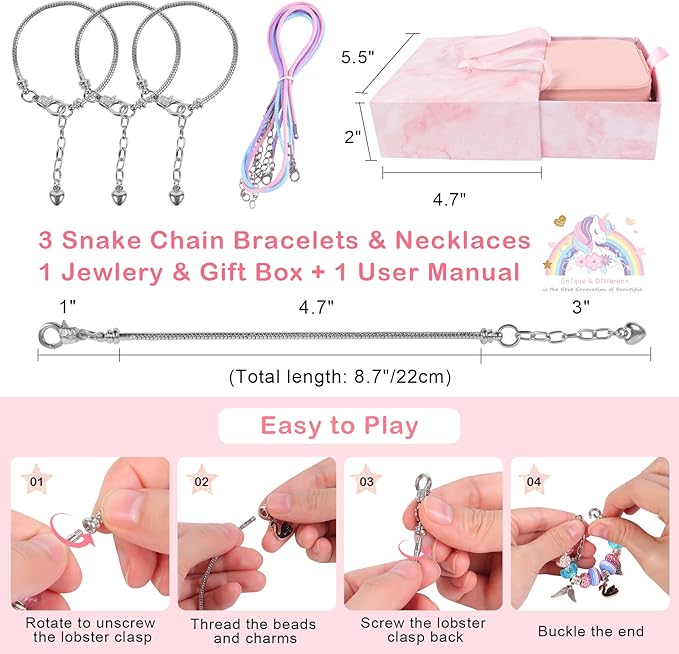 Charm Bracelet Jewelry Making Kit - A Perfect Birthday Holiday Gift for Girls Age 6 7 8 9 10 with Portable Jewelry Box, Cute & Sparkling to Inspire Creativity and Self-Expression, Great Value