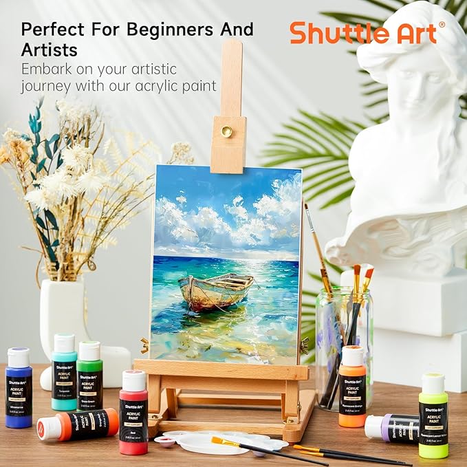 54 Colors Acrylic Paint, Shuttle Art Acrylic Paint set with 12 Paint Brushes, 2oz/60ml Bottles, Rich Pigmented, Water Proof, Premium Paints for Artists, Beginners and Kids on Canvas Rocks Wood Ceramic