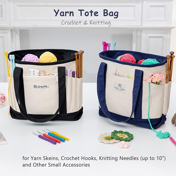 Canvas Yarn Storage Organizer Bag Washable Crochet Bag with Pockets for Yarn, Hooks, Needles – Travel Knitting Tote for Crafters – Gift for Crocheters & Knitters (Medium/Large)