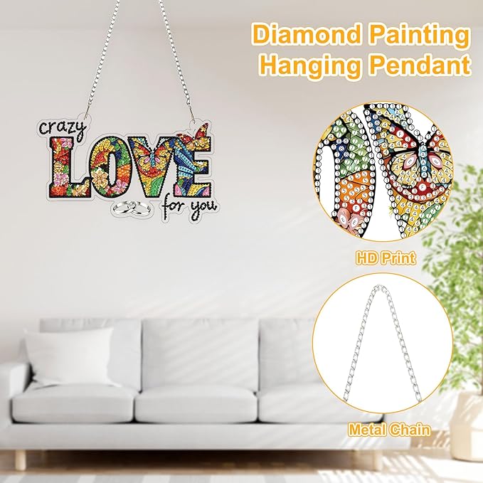 TOSTOG Crazy for You Diamond Art Pendant Kits for Adult, Love You Diamond Painting Hanging Kit for Beginners, 5D DIY Crafts Gem Art, Waterproof Full Accessories for Home Decor Idea 20 * 20 cm/8 * 8 in