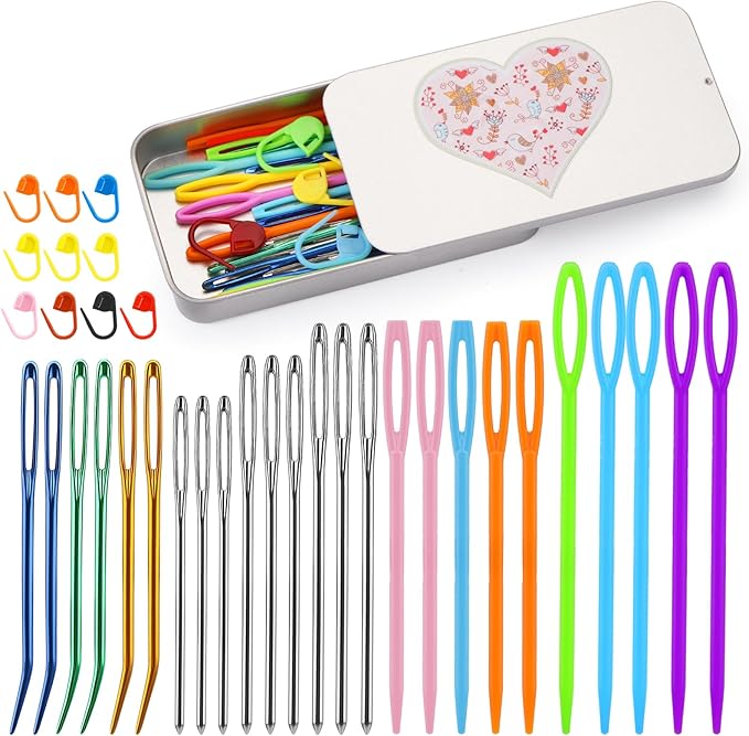 FTEVEN 36pcs Large Eye Sewing Needles, Plastic Yarn Needles Set Blunt Needles, Bent Tapestry Needles with Colorful Plastic Knitting Stitch Markers for Knitting Crochet Sewing