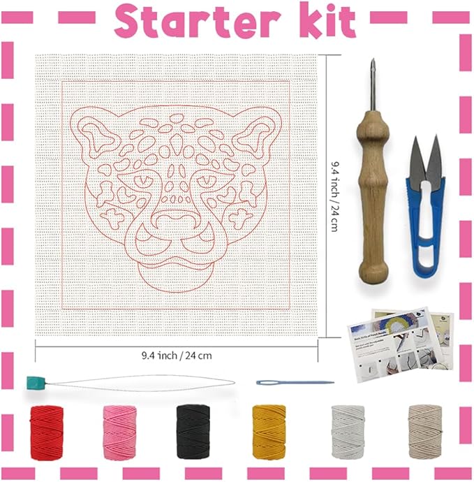 INFUNLY Punch Needle Frame Kits Pink Leopard Punch Needle Embroidery Set with Patterns 9.4x9.4 DIY Punch Needlework Kit for Beginners with Yarn Fabric Festival Gift Home Decor