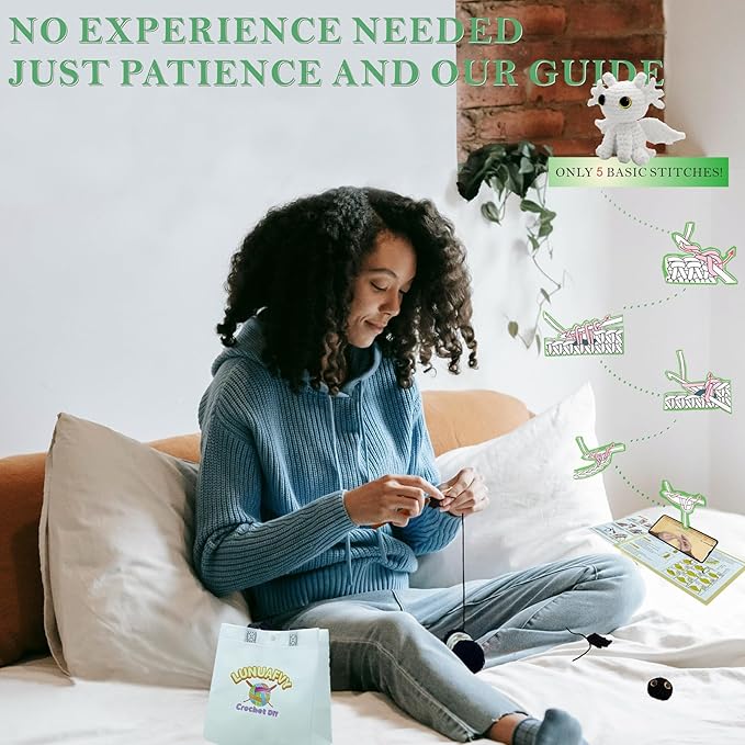 lunuafvy beginner crochet kit (9+ kids/adults) – 2 cute dragons, complete set, video guides, gift bag