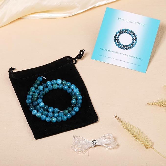 Stone Beads, 45pcs Blue Apatite, 8mm Round Loose Beads for Jewelry Making, Bracelets, with Bag, String & Card