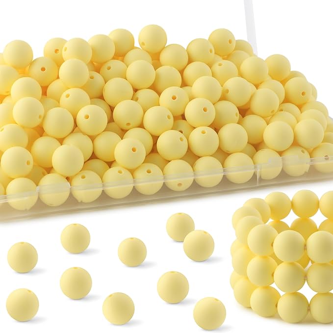 150Pcs 15mm Silicone Beads for Keychain Making Bracelet Necklace, Bulk Round Silicone Beads for Pens(Cream Yellow