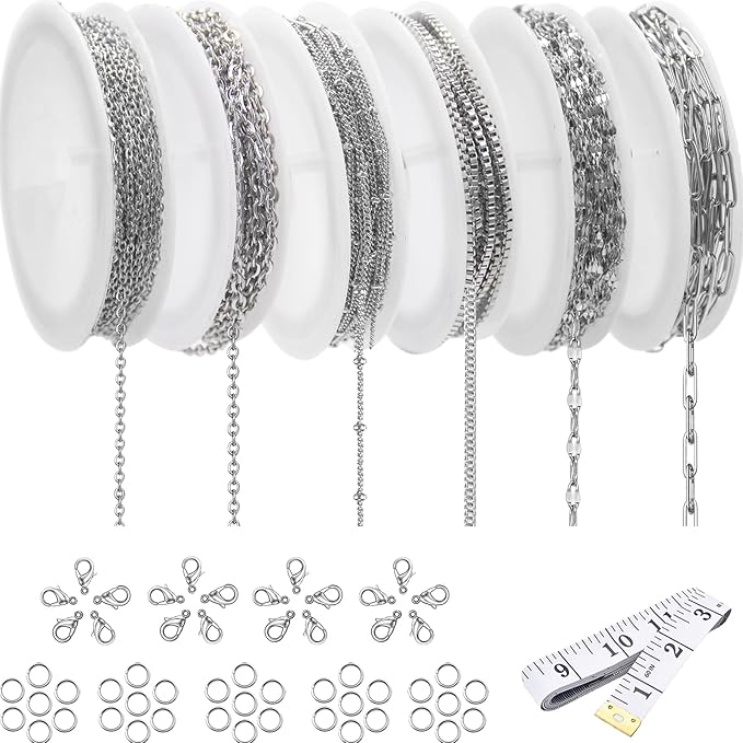 Stainless Steel Necklace Chain for Jewelry Making, 42.6 Feet 6 Roll Silver Necklace Jewelry Chains for DIY Necklaces Bracelets Keychain Craft Making Supplies with Jump Rings Lobster Clasp Connector